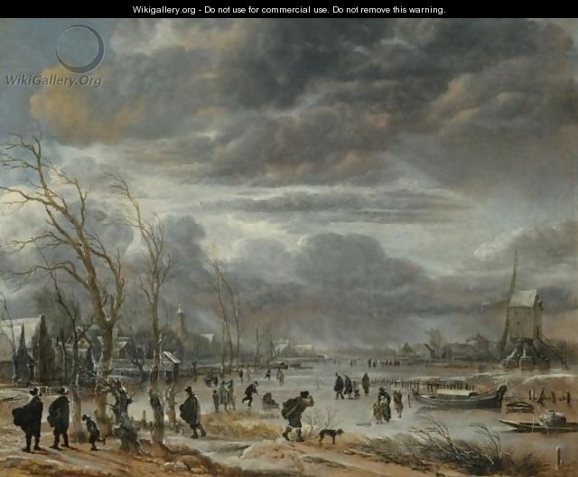A Winter Lanscape With Figures Battling Across A Frozen River In A Snowstorm, A Post Mill To The Right - Aert van der Neer