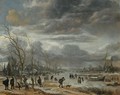 A Winter Lanscape With Figures Battling Across A Frozen River In A Snowstorm, A Post Mill To The Right - Aert van der Neer