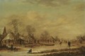A Village Scene In Winter With Skaters On A Frozen River - Aert van der Neer