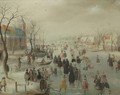 An Extensive River Landscape With Numerous Skaters Before A Church, A Village Beyond - Hendrick Avercamp