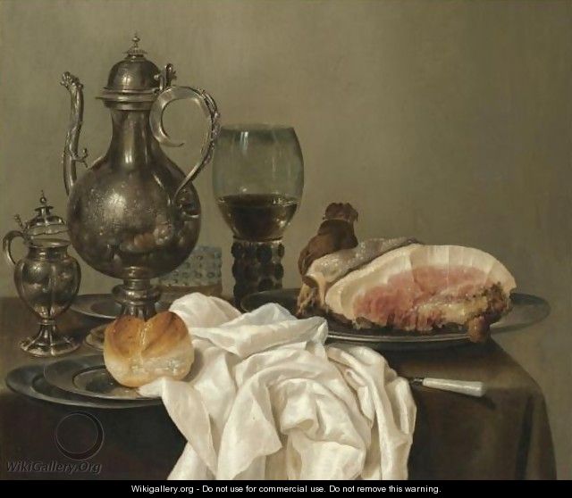 A Still Life With A Silver Tazza, A Silver Pot, A Roemer With White Wine, A Glass With Beer, Four Pewter Plates With A Bread Roll And A Shoulder Of Ham, All On A Green Table Cloth - Willem Claesz. Heda