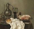 A Still Life With A Silver Tazza, A Silver Pot, A Roemer With White Wine, A Glass With Beer, Four Pewter Plates With A Bread Roll And A Shoulder Of Ham, All On A Green Table Cloth - Willem Claesz. Heda
