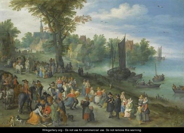 The Edge Of A Village With Figures Dancing On The Bank Of A River And A Fish-Seller - Jan The Elder Brueghel
