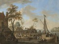 A River Landscape With Workers Loading Cargo Onto A Moored Boat - Franz Ferg
