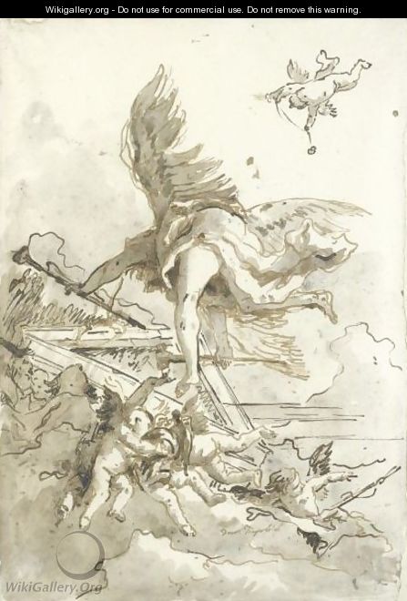 Fame, Surrounded By Putti, Seen From Below, Flying Around A Pediment - Giovanni Domenico Tiepolo