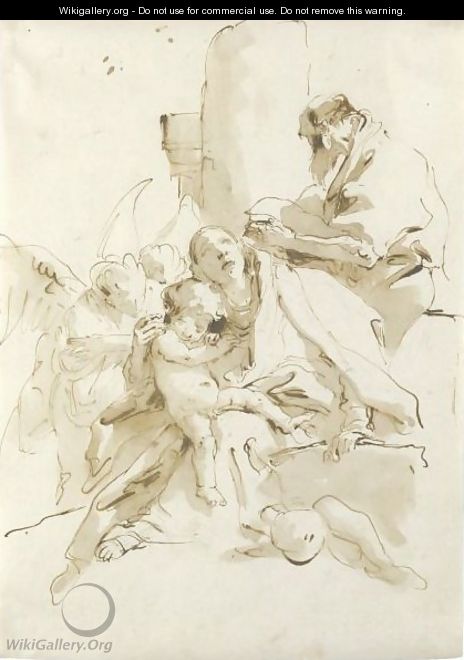 The Holy Family, St. Joseph Reading And Two Angels In The Background - Giovanni Battista Tiepolo