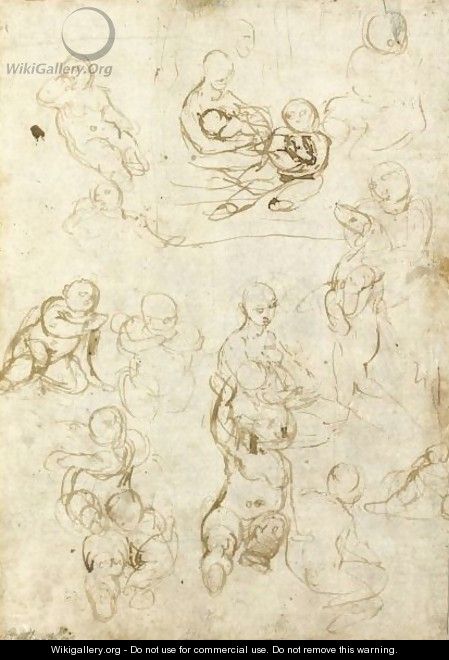 Studies Of The Madonna And Child And St. John The Baptist Holding A Lamb, And A Sketch Of A Child Holding A Dog - (after) Federico Fiori Barocci