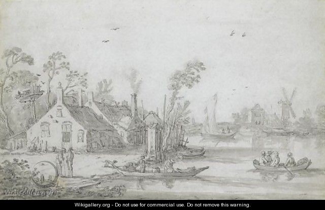 A River Scene With Rowing Boats, Cottages On The Shore And A Windmill In The Distance - Esaias Van De Velde