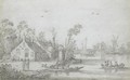 A River Scene With Rowing Boats, Cottages On The Shore And A Windmill In The Distance - Esaias Van De Velde