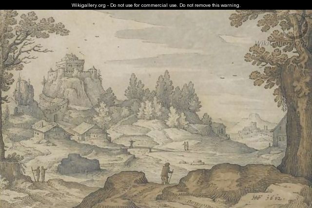 A Mountainous Landscape With Travellers, A Hill-Top Castle In The Distance - Hans Friedrich Schorer