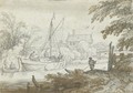 River Scene With A Masted Boat Unloading Its Goods And A Figure Punting In The Foreground - Allaert van Everdingen