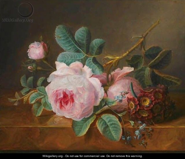 Still Life With Roses On A Marble Ledge - Julie Guyot