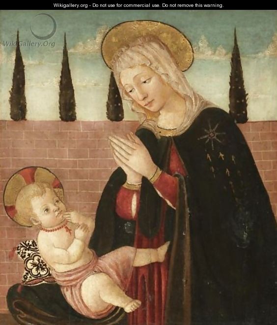 The Madonna Adoring The Christ Child Before A Wall, Cypress Trees Beyond - Florentine School