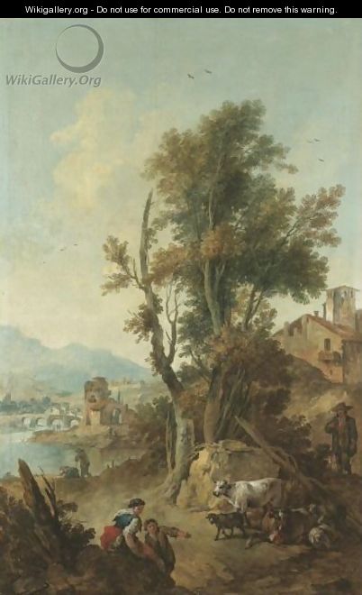 An Italianate River Landscape With Figures Resting In The Foreground - Giuseppe Zais