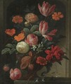 Still Life With Flowers In An Urn On A Stone Ledge - Elias van den Broeck