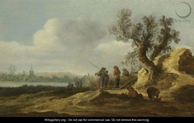 A River Landscape With Figures Conversing Beneath A Tree - Jan van Goyen
