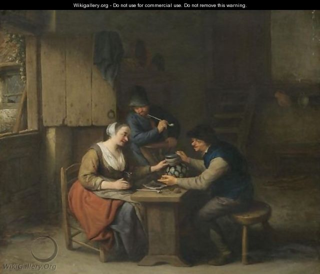 A Tavern Interior With Two Boors Seated At A Table Drinking, A Third Standing Behind Smoking A Pipe - Adriaen Jansz. Van Ostade