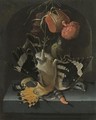 Still Life With A Hoopoe, A Great Tit, A Falconry Hood And A Decoy Whistle All Arranged Within A Stone Niche - Abraham Mignon