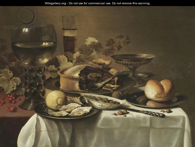 Still Life With A Large Roemer, A Half-Filled Beer Glass, A Tazza, A Pie, A Bread Roll On A Pewter Plate - Pieter Claesz.