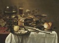 Still Life With A Large Roemer, A Half-Filled Beer Glass, A Tazza, A Pie, A Bread Roll On A Pewter Plate - Pieter Claesz.
