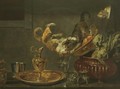 Tussling Cats On A Tabletop Laid With Ornate Silver And Gold Objects And An Urn Filled With Artichokes - (after) Paul De Vos