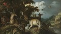 A Wooded River Lanscape With Stags Chased By Huntsmen And Their Dogs - Roelandt Jacobsz Savery