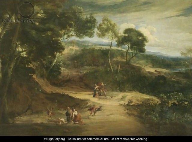 A Wooded Landscape With Nymphs And Putti Collecting Water In The Foreground - Flemish School