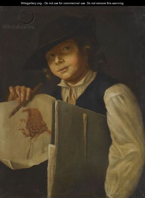 Portrait Of A Young Artist, Displaying One Of His Pen And Ink Drawings - German School