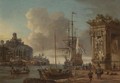A Mediterranean Harbour Scene With A Dutch Man O' War At Anchor, With Orientals Conversing In The Foreground Beneath A Roman Triumphal Arch - (after) Abraham Storck