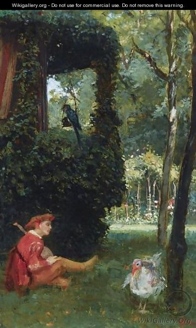 A Jester Playing The Lute In A Garden - August Allebé