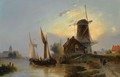 Moored Boats Near A Windmill - Jacobus Adrianus Vrolijk