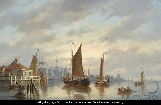 A Dutch Harbour At Sunset - Johannes Hilverdink