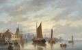 A Dutch Harbour At Sunset - Johannes Hilverdink