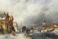 A Wintry Dutch Town With Skaters On A Frozen Canal - Charles Henri Leickert