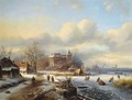 A Winter Landscape With Skaters On The Ice, A Town In The Distance - Johannes Petrus van Velzen