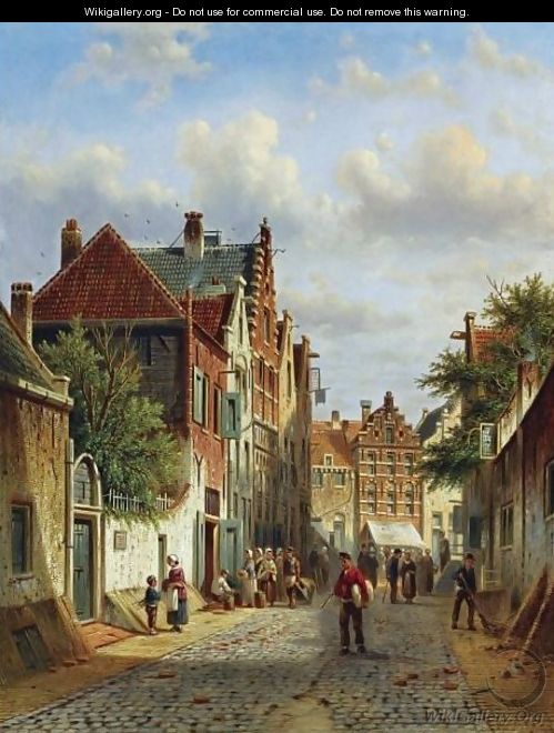 Figures In The Sunlit Streets Of A Dutch Town - Johannes Franciscus Spohler