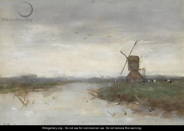 A Windmill In A Polder Landscape - Victor Bauffe
