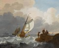 Dutch Sailing Vessels In Choppy Waters, Fisher Folk On The Rocks In The Foreground, A View Of A Town Beyond - Wigerus Vitringa