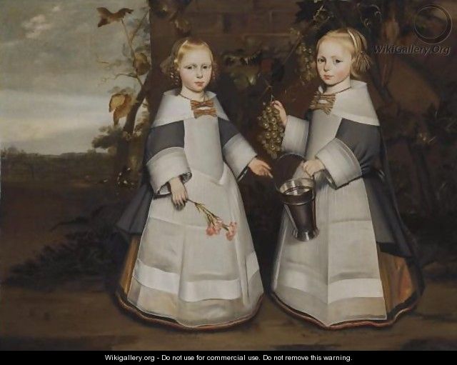 A Portrait Of Young Twin Girls, Aged 4 - Delft School