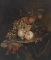 A Still Life Of Blue And White Grapes, Peaches, Plums, A Pear And A Pomegranate, All On A Pewter Platter - Heroman Van Der Mijn