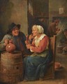 An Interior Scene With A Man And An Elderly Woman Seated Around A Barrel Drinking - David The Younger Teniers