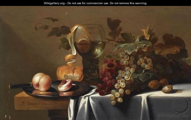 Still Life With Blue And White Grapes, Chestnuts, A Loaf Of Bread, Peaches And A Knife On A Pewter Plate - Michiel Simons