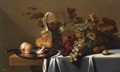 Still Life With Blue And White Grapes, Chestnuts, A Loaf Of Bread, Peaches And A Knife On A Pewter Plate - Michiel Simons