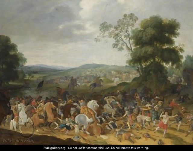 A Cavalry Battle Scene In A Hilly Landscape - Pieter Meulener