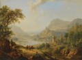 An Extensive Rhenish Landscape With Shepherds And Travellers Resting On A Path In The Foreground, A View Of A Castle And A Village Beyond - Christian Georg II Schutz or Schuz