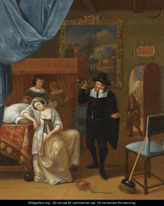 A Bedroom Interior With An Ill Lady And A Doctor, Other Figures In The Background - Hendrick Carre