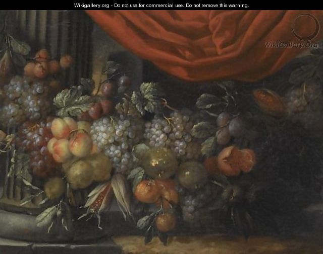 A Garland Of Blue And White Grapes, Peaches, Oranges, Lemons And Prunes, Figs, Corn And Chestnuts - Jan Pauwel II the Younger Gillemans