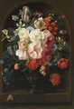 A Still Life Of Roses, Parrot Tulips, A Hyacinth, Honeysuckle, Anemones And Other Flowers In A Glass Vase - (after) Joris Van Son
