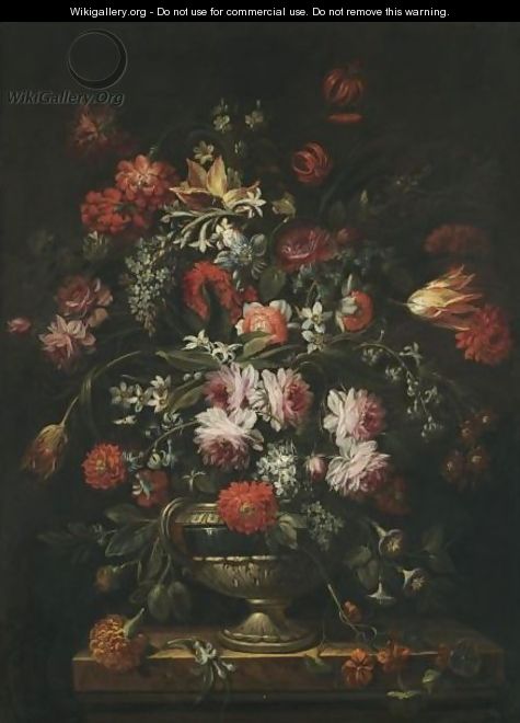 A Still Life Of Roses, Carnations, Tulips, Peonies, Morning Glory And Other Flowers In A Sculpted Vase On A Marble Pedestal - (after) Felice Fortunato Biggi: