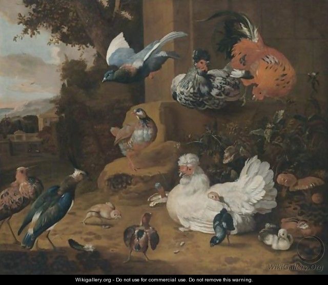 Hens, Chickens, A Pigeon And A Lapwing In A Garden Landscape - (after) Melchior De Hondecoeter